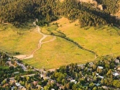 Open meadow below the foothills lit gold by low sun