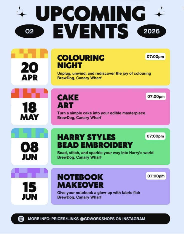 Events listing with colored rows and a date block beside each one