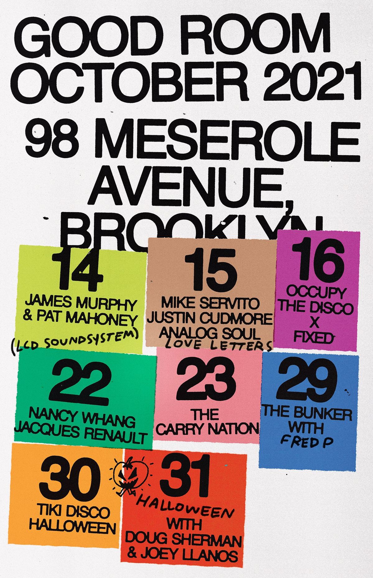 Concert calendar poster with large numerals on torn blocks of bright color
