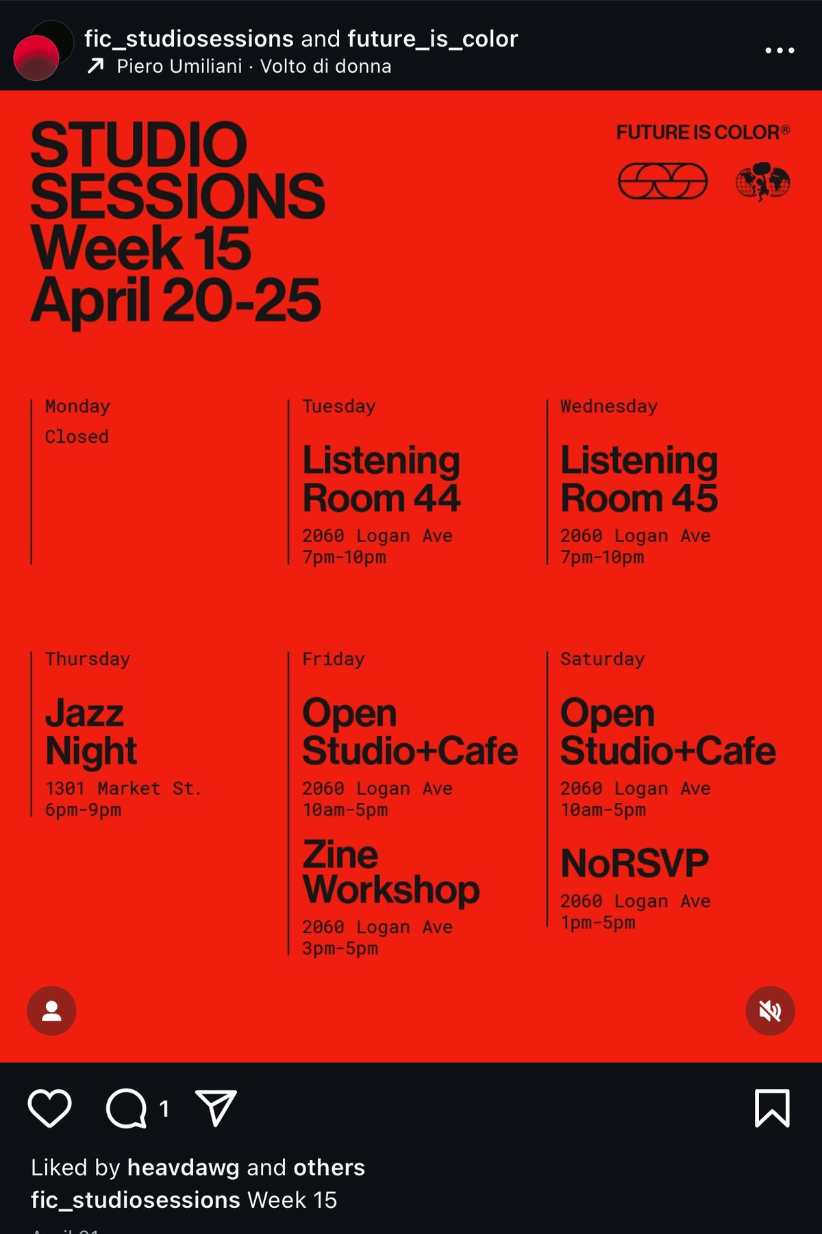 Weekly schedule set in black type on a full red background