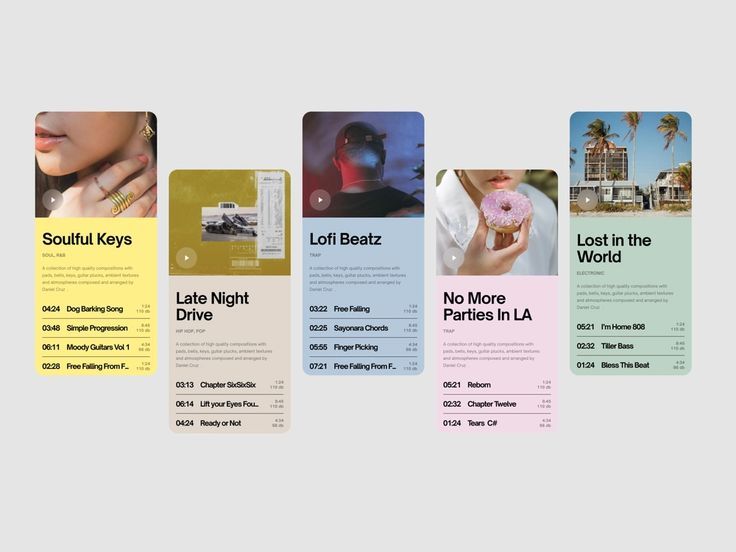 A row of music cards, each one filled with a different pastel color