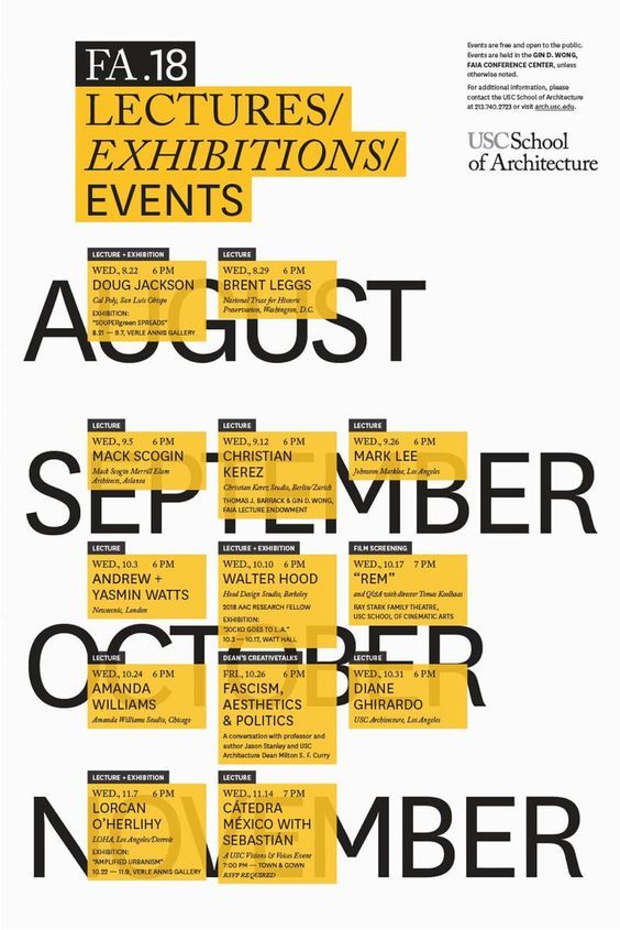 Lecture series poster using yellow highlight blocks over black type