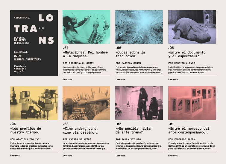 Editorial index page with tinted images in a warm grid